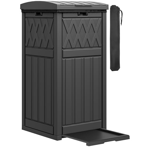 DWVO 36-Gallon Outdoor Trash Can with Fabric Bag, Tiered Lid & Drip Tray, Waterproof Resin Garbage Bin for Patio, Deck, and Backyard, Black