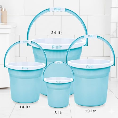 Image of FLAIR Estella 8L Set of 3 Plastic Bathroom Bucket, Blue | Durable Virgin Plastic Buckets with Easy-Grip Handle | Lightweight & Multipurpose for Mopping, Floor Cleaning, Kitchen and Daily Use