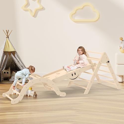 BIERUM Pikler Triangle Set 8 in 1 with Seesaw Design, Montessori Foldable Toddler Climbing Toys with Ramp, Wooden Pickler Climbing Set, Indoor Baby Climbing Gym, Natural