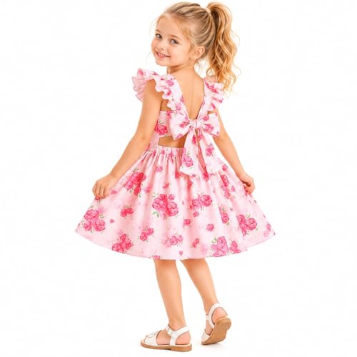 Image of Girls Floral Dress Square Neck Ruffle Sleeve Bow Back Twirl Cotton Dress
