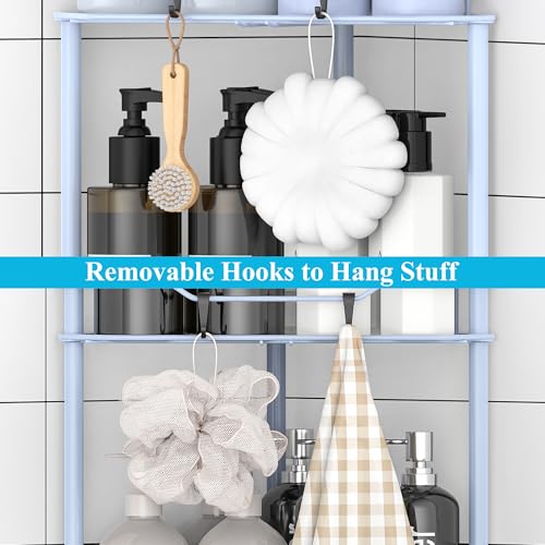 Image of HuggieGems 3 Tier Floor Standing Corner Shower Caddy Organizer Shelf with Hooks, Bathroom Shelves Stand Rack, Blue