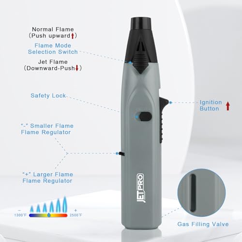 Stick Lighter Kitchen Torch Lighter with Jet Flame and Standard Flame Refillable Flame Adjustable and with Safety Lock - Ideal for Barbecue, Fireplace or Campfire (Butane Gas NOT Pre-filled)