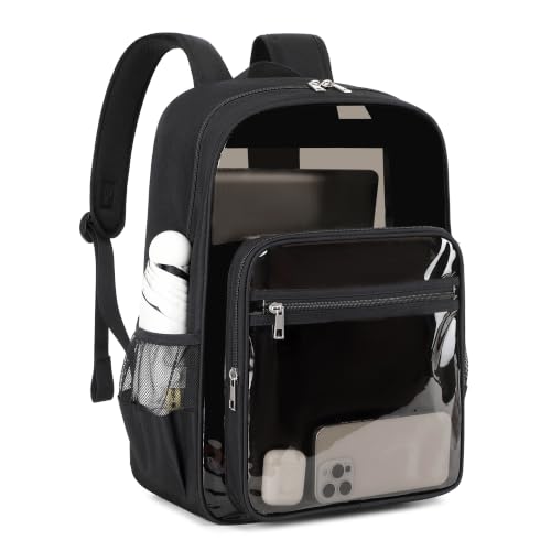 Scdnshys Clear Backpack Heavy Duty Transparent Bookbag for School Fabric & PVC Transparent Backpack Capacity Clear Bag for College, Travel, Security, Semi Black
