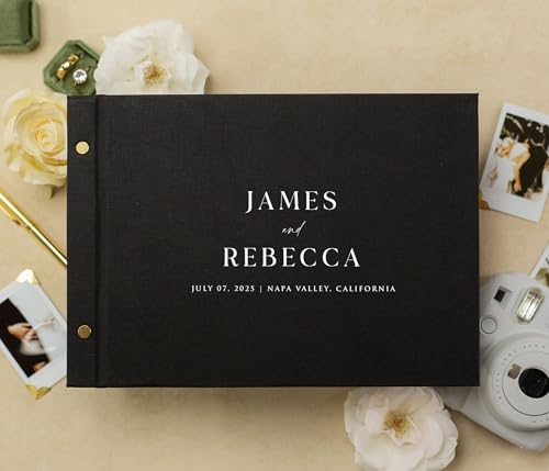 Modern Album Designs Personalized Luxe Photo Guest Book (Design 1) – 11.5 x 8.5 Black Cover Screw Bound Guestbook with Photo + Lined Layouts or Ivory Blank Pages – Wedding, Baby Shower, Anniversary