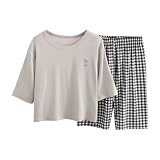 AYSDSKI Conjunto de pijama de 2 piezas para niñas, de dos piezas, con mangas 3/4, Argyle y pantalones acortados, de algodón, para primavera, verano, ocio, ropa cómoda, gris., 140 cm