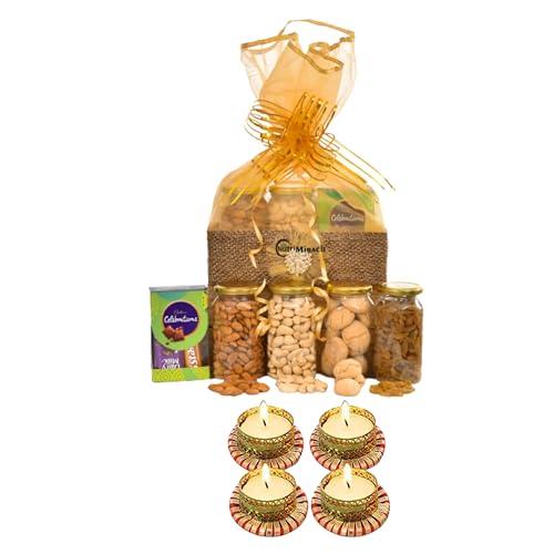 Image of NUTRI MIRACLE Diwali Gift for Colleagues with Diya | Assorted Nuts for Corporate Gifting with Greeting Card