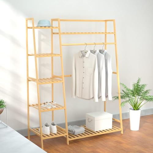 GAZHOME Bambus Kleiderständer mit Kleiderstange, Freistehender Garderobenständer mit 5 Ablage zur Kleideraufbewahrung, 110x38.5x140cm
