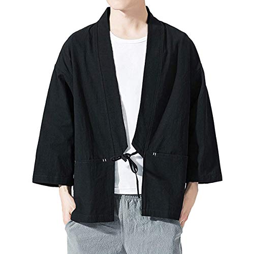 Haseil Men's Kimono Cardigan Japanese Jackets Casual Cotton 3/4 Sleeve Shirt Open Front Coat Lightweight Linen Outwear4