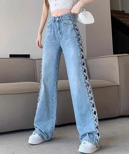 SEMATOMALA Women's Side Criss Cross Hollow Out Denim Pants High Waisted Straight Leg Y2K Jean Pants3