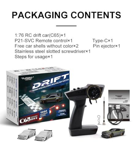 Image of Turbo Racing 1:76 Scale Drift RC Car with Gyro Mini Full Proportional RTR 2.4GHZ Remote Control with 2 Replaceable Body Shell (C65-GREY)