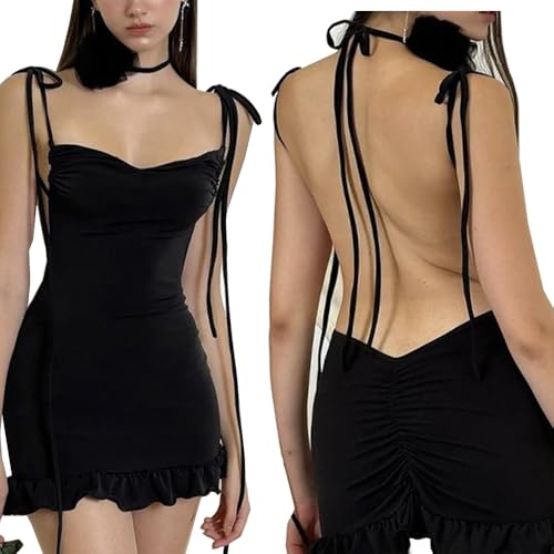 HSAJS Vestido Corto para Mujer Sexy Verano Elegantes sin Espalda Mangas con Tirantes Delgados Bodycon Slim Wrap Ajustado Mini Vestido Fiesta Verano de Cóctel Clubwear