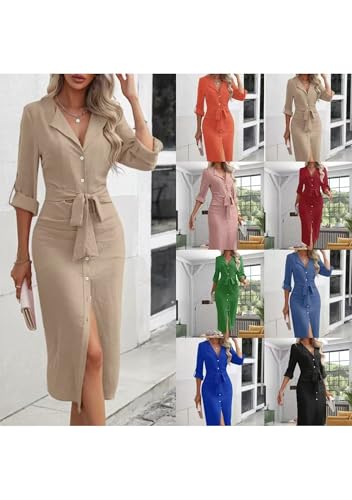 OMZIN Women Button Down Lapel Collar Shirt Dress Belted Slim Fit Dresses Spring Fall Cocktail Pencil Dress3