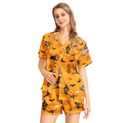 Image of Funny Pajamas for Women Set Print Satin Loungewear Pjs Short Sleeve Button Down Top and Shorts Sets Sleepwear XS-3XL