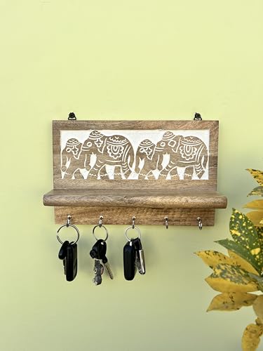 Image of Wooden Key Holder with Elephant Design, Wall Mounted, Natural Brown, 5 Hooks, Handcrafted Exclusive Home Decor (25.5X16.5X6.5 cms)