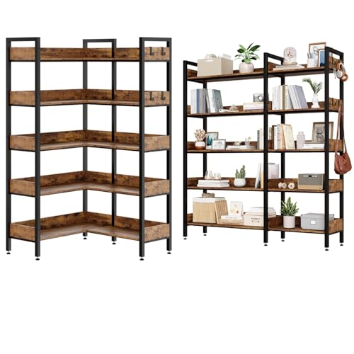 Garvee Corner Bookshelf, 5 Tier Convertible Corner Book Shelf, Modern Industrial Bookcase, L Shaped Storage Display Shelf for Home Office, Living Room