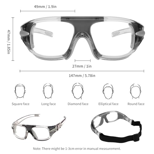 SooGree Sport Goggles Glasses Squash & Racquetball Goggles Basketball Glasses Adjustable Strap Resistant Impact (8043 Clear Frame Gray Pad)
