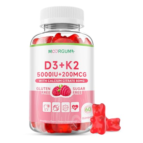 MOORGUMY Vitamin D3 K2 Gummies with 5000IU D3 200mcg K2 (MK-4 & MK-7 Blend) 80mg Calcium Supports Calcium Absorption Bone Health & Immune Support Raspberry Flavor 60 Count