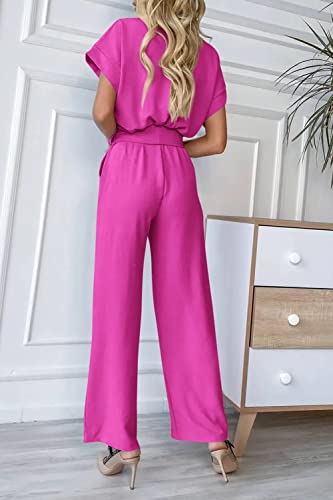 PRETTYGARDEN Women's Summer One Piece Jumpsuits Belted Short Sleeve Wrap V Neck Fashion Dressy Casual Wide Leg Pants Romper