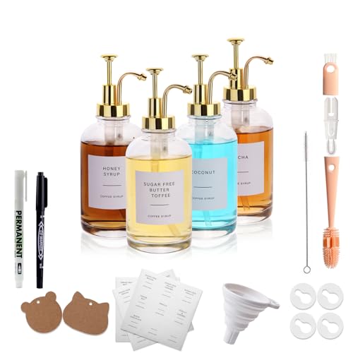 CNWSGEM Coffee Syrup Dispenser,Coffee Bar Accessories,4-Pack,16.9 Ounce,Syrup Pump Dispenser for Coffee Bar,Contains Multi-style Labels, Cleaning Tools, Funnel,Pen