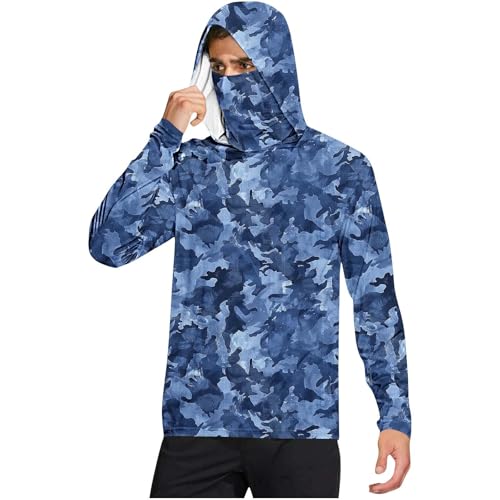FOCLMP Men Hooded Fishing Shirts with Face Mask Neck Gaiter Sun Protection UPF 50 Rash Guard Ligthweight Long Sleece Pullover Men's Long Sleeve uv Protection Fishing Shirts Navy M