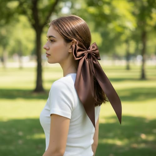 Moño grande de satén marrón con clip para cabello miniatura 4