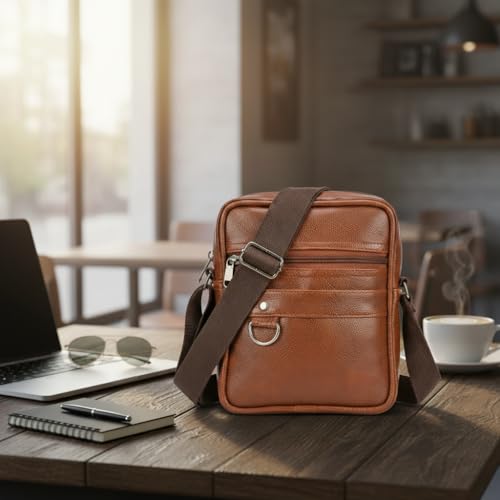 Image of Men's Leather Sling Bag Crossbody Messenger Shoulder Bag | Stylish Office Travel Side Bag with Multiple Compartments, Adjustable Strap & Secure Pockets for Daily Use