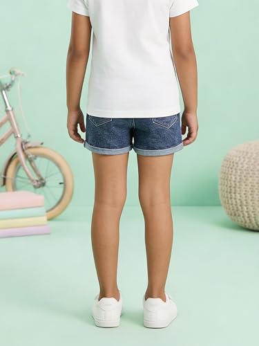 Image of KiddoPanti Girls Tight Length Rollup Denim Shorts with Lavender and Pink 3D Crochet Flowers