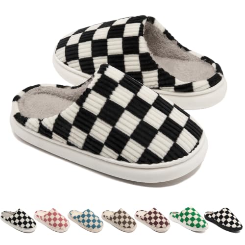 Image of Yueerlu House Slippers for Women Men, Fuzzy Checkered Mens Womens Slippers Warm Memory Foam House Shoes Indoor Outdoor with Faux Fur Lining