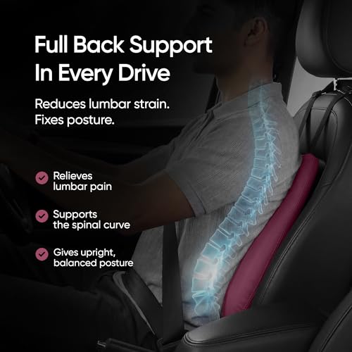 Image of Frido Premium Car Back Rest Cushion with Lumbar Support Pillow for Driving, Hi-Per Memory Foam Back Support and Luxe Leatherette Cover, Relieves Back Pain and Improves Posture for Long Drives | Maroon