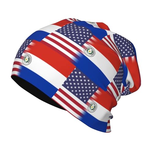 American Flag and Paraguay Flag Kids Leisure Elastic Knitted Hat Junior Large Size Knit Cap Child Beanie Black