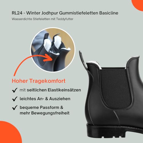 RL24 - Winter Jodhpur Gummistiefeletten Basicline – Gummistiefel Damen & Herren – wasserdichte Stiefeletten mit Teddyfutter – Regenstiefeletten in schwarz – Chelsea Boots in Größe 39
