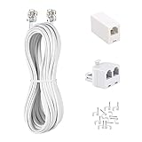 KINXIYU Phone Cord 50FT, Landline Telephone Cable with RJ11 Plug, Includes Telephone Inline Coupler RJ11 Splitter and 20pcs Cable Clips(White)