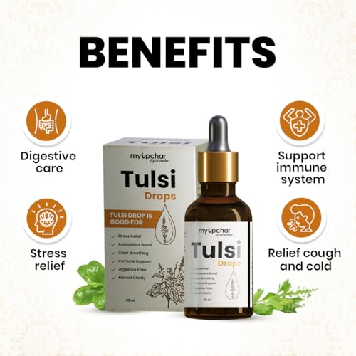 Image of myUpchar Tulsi Drops - Sourced 5 Rare Tulsi from Himalayan range | Purified Tulsi Extract - Colorless and Odorless | Immunity Booster, Relieve Cough & Cold - 30ml (Pack of 1)