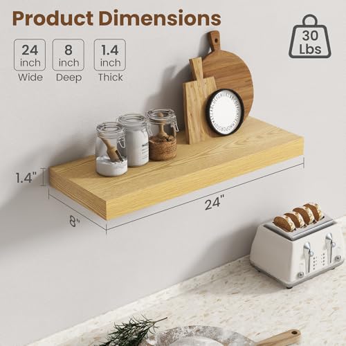 Image of 24 Inch Floating Shelves for Wall, 8 Inch Deep Floating Shelf for Storage & Display, Rustic Wall Mounted Shelf with Invisible Brackets for Living Room, Kitchen, Bathroom, Home Decor, Set of 2, Oak