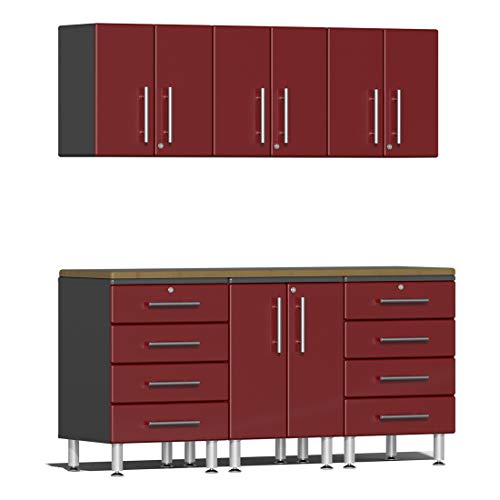 Ulti-MATE UG22072R 7-Piece Garage Cabinet Kit with Bamboo Worktop in Ruby Red Metallic