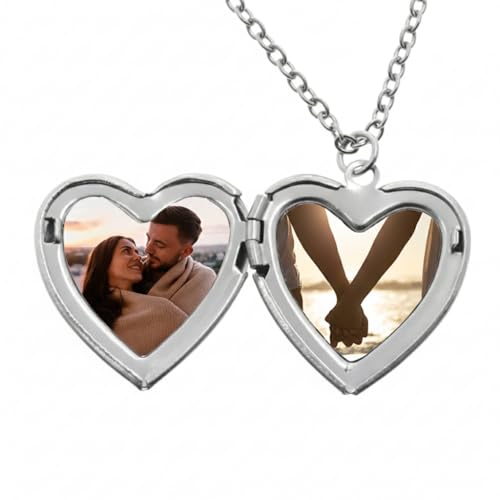XUSILIMO Collar Relicario forma corazon personalizado de Acero Inoxidable grabado a laser, colgante con Fotografía o Grabado,san valentin (Plateado)