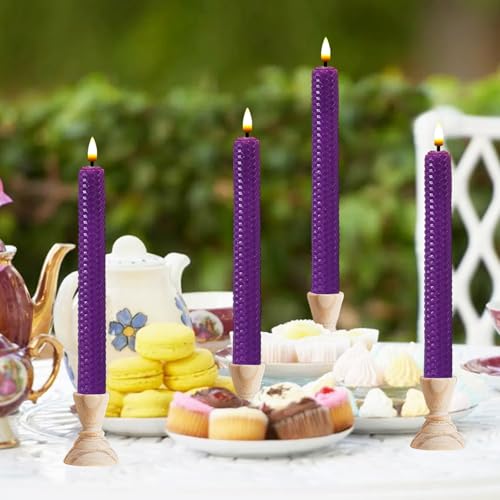 Image of Beeswax Honeycomb Flameless LED Taper Candles, 9.5 Inch Flickering Wax Candles with Remote & Timer, Purple Battery Operated Dripless Tapered Candle for Home Wedding Decor, 4 Pack