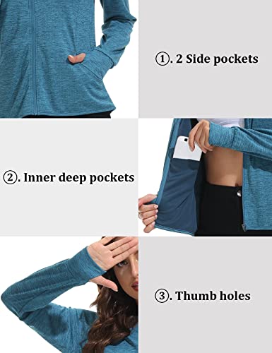 Mofiz Women's Full Zip Active Jacket Lightweight Sports Jacket Quick Dry Athletic Jacket Long Sleeve Hiking Shirt Upf 50+ Sun Protection Hoodie Shirt M Sea Blue #TOP4