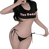 KFLY Conjunto de lencería sexy para mujer, anime japonés, sujetador y braguitas Kawaii Yes Daddy Printing Bikini Cover Up Travieso Juego de rol Disfraces 2 piezas, Negro , Talla única