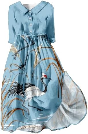 Casual Dresses for Women 2024 Spring Summer Japanese Cranes Plus Size 3/4 Sleeve A-Line Trendy Loose Dresses