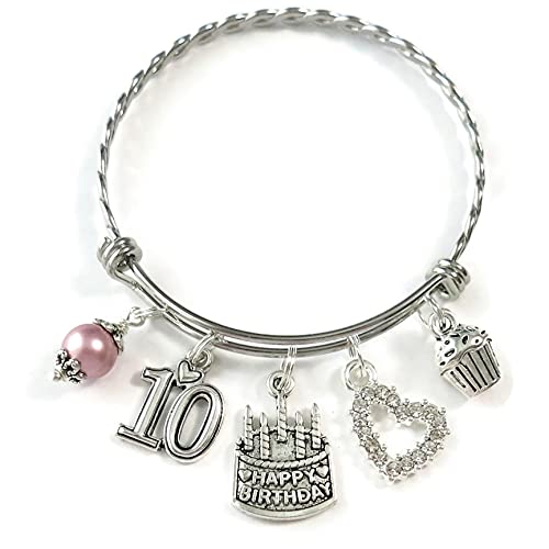SCRAPHEART 10th BIRTHDAY Bracelet with 60 mm Bangle, 10th Birthday Charm Bracelet, Granddaughter Daughter Gift Idea, Tenth Birthday Gift, 10 Year Old Birthday Bangle