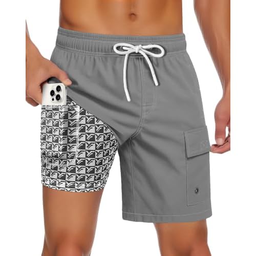 Yufawow Men Swim Trunks with Compression Liner Quick Dry Breathable Multi Pockets for Summer Beach Cruise Water Park Small Camel Khaki