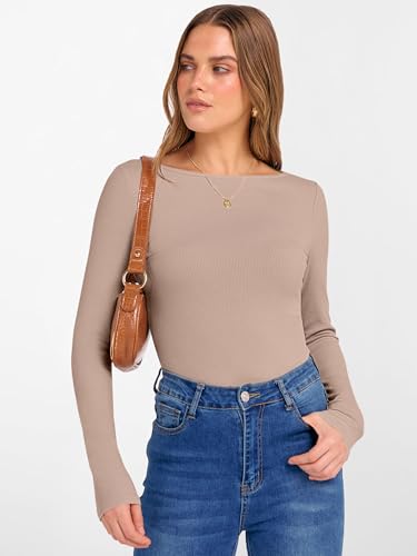 Image of ANRABESS Women's Boat Neck Long Sleeve Shirts Rib Knit Slim Fitting Tops Basic Tees 2026 Casual Comfy Fall Outfits Clothes