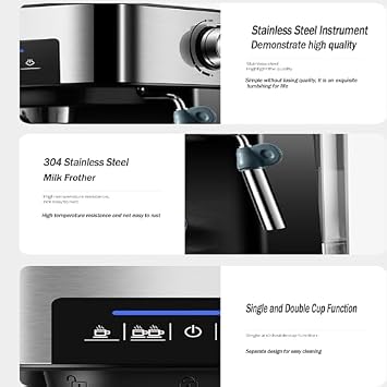 Fully automatic espresso machine, 20 bar pressure, with steam wand, 1.6-liter water tank, and color touch display. Cact design, perfect for home or travel, makes lattes and capnos.