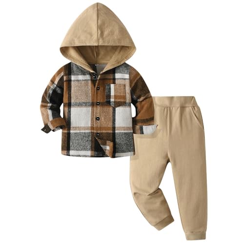 Kids Boys Button Down Flannel Plaid Hoodie Jacket with Jogger Sweatpants 2 Pieces Girls Fall Winter Outfits for 0-10 Years