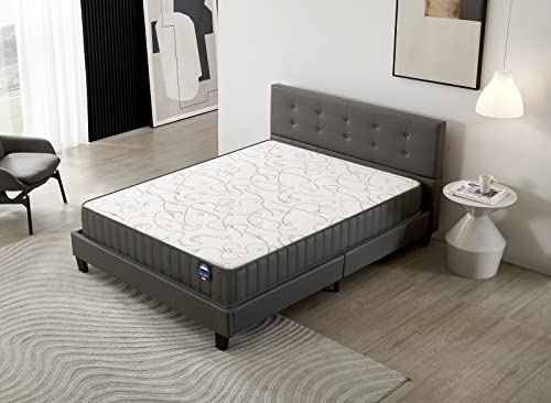 sensoreve Set Matratze + Lattenrost & Kopfteil gepolstert (140 x 190 cm) - Matratze Orionis Memory-Schaum, Dicke 22 cm + Bett stabil & robust, Bezug aus Synthetik, Grau Cover