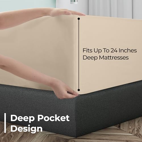 Image of Royale Linens Extra Deep Pocket Twin Fitted Sheet Only - Twin Size Deep Pocket Sand Fitted Sheet - Fits 18 inch to 24 inch Thick Mattress - Soft & Breathable Elastic Sheets (39x75 Inches, Sand)