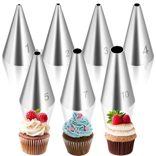KFHENSOMR 7pcs Round Hole Piping Tips Set, Stainless Steel Frosting Piping Kit, Cake Decorating Kit with 7 Sizes Nozzles Tips Pipings Set, Baking Sets Tools for Pastry Fondant and Cream Bag Filler