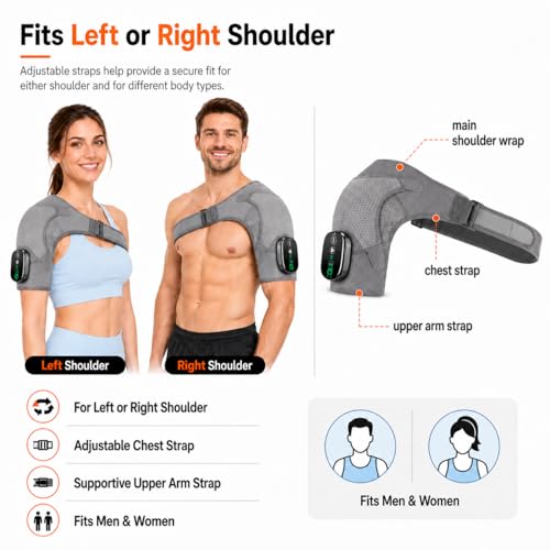 Image of Cordless Shoulder Heating Pad with Massage, Shoulder Massager with Heat, Heated Shoulder Wrap for Left or Right Shoulder, 3 Heat Levels & 3 Vibration Modes, 5000mAh Rechargeable Battery, Grey