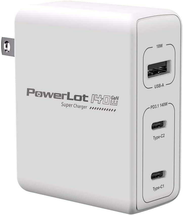 PowerLot 140W GaN PD Power Adapter,18W USB-A Charger, PD3.1 140W Type C Wall Charger or MacBook Pro 16'', Dell XPS, iPhone 16/15 Pro Max, iPad Pro, Chromebook,Tablet